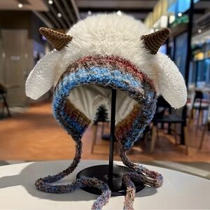 Cozy White Furry Sheep Ear Hat with Horns